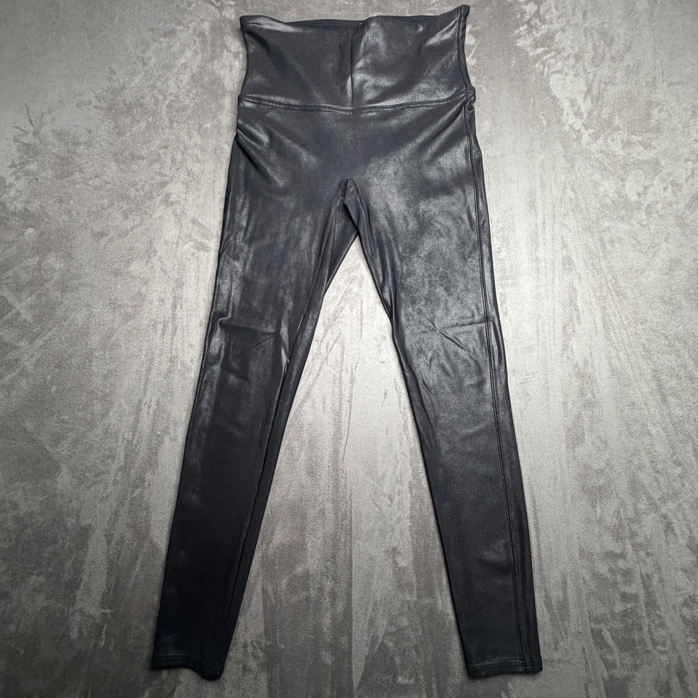 Spanx Faux Leather Leggings Womens Large Black High Rise Shaping Slim Fit 26in